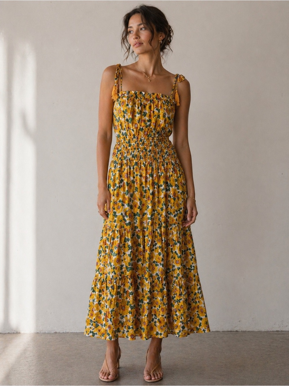 Smocked Yellow Floral Maxi Dress with Tie Shoulders